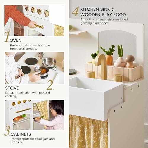 Tiny Land Toddler Kitchen Playset, Wooden Play Kitchen Set Toy with Cutting Food & Cookware, Oven, Clicking Knobs, Stove and Sink, Small Toy Kitchen Gift for Kids, Girls & Boys - Cream thumbnail 4