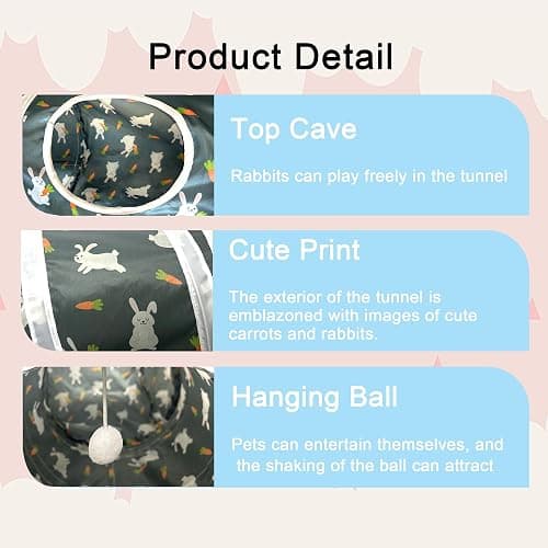 LUCKITTY Rabbit Tunnel Toy, Collapsible 3-Way Hideout Tunnel with Chew Toys for Rabbits, Guinea Pigs, Ferrets, Kittens & Small Pets - Gray & White Bunny Carrot Design Hideout (33"x20"x9.5") thumbnail 2