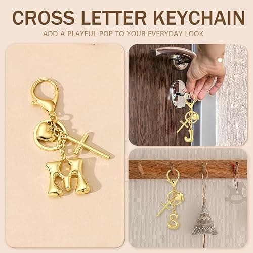 Initial Bag Charms Keychains Women, Cross Cute Heart Letter Key Chain Purse Backpack Handbags Keychain Christian Easter Gift thumbnail 3