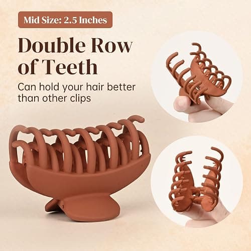DEEKA 4 PCS Double Row Teeth Hair Claw Clips 2.5" Medium Hair Clips for Thin Hair Small Matte Clips Short Fine Hair Accessories for Women and Girls -Black Brown thumbnail 2