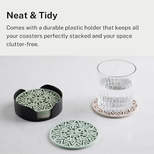 Hoomey Set of 6 Sage Green Silicone Coasters with Holder, Drink Coasters with Tribal Pattern Shape- for Table Protection, Anti Slip, Nonstick, Heat Resistant, Deep Tray thumbnail 4