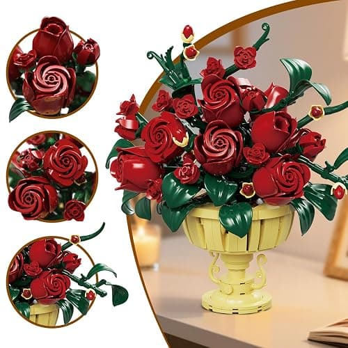 PLAXSOON Rose Flower Building Set, 969 PCS Botanicals Flowers Bouquet Building Block Kit with Pot, Artificial Bonsai Plant Collection Office Home Decor, Birthday Gift for Adults Women Boys Girls 12+ thumbnail 3