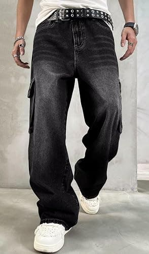 HUNGSON Mens Baggy Cargo Jeans for Men Women Y2k Skater Vintage Plain Pants Casual Wide Leg Jeans Loose Fit Denim Jeans thumbnail 2
