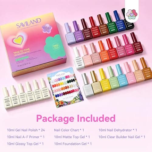 SAVILAND 30Pcs HEMA-Free Gel Nail Polish Set 10ml: 24 Colors Professional U V Gel Polish Kit & 6 Essential Gel Base Top Coat Builder Gel Swatch Card for Nail Studio Art Design Salon Gifts Women thumbnail 2