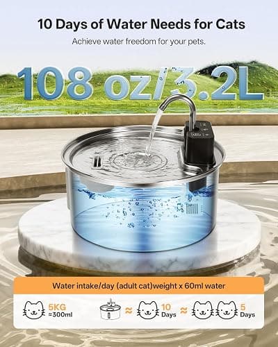 Wireless Cat Water Fountain for Drinking, VinDox 108oz/3.2L Stainless Steel Pet Water Fountain 20dB Ultra-Quiet 4200mAh Battery Operated with Motion Sensor for Cats & Dogs thumbnail 5