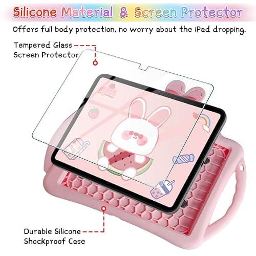 WESADN for iPad 10th Generation Case 10.9 Inch 2022 Kids Girls for iPad A16 Case 11th Gen 11 Inch 2025 with Screen Protector Shoulder Strap Kickstand Keychain Cute Rabbit Silicone Tablet Cover,Pink thumbnail 2