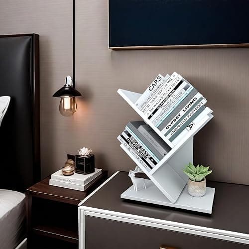 Godferyxin Tree Bookshelf, 3-Tier Wood Small Bookshelf and Mini Book Shelf for Office, Home or School Desk Book Shelf for for Displaying Books, CDs, Magazines Wood Storage Rack-Whit thumbnail 3