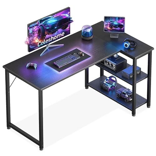 Coleshome L Shaped Gaming Desk, 120x70 cm Computer Desk, Corner Office Desk with Reversible Storage Shelves, Writing Study Table for Work Play Home Office, Black - Image 1
