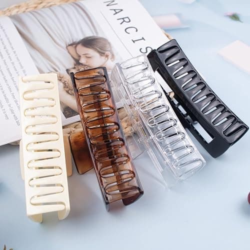 4 Pack Extra Large Hair Claw for Women, 5'' Strong Hold Bright Clamps for Thick and Long Hair, 90's Non-slip Square Jaw Clips for Curly Hair, thumbnail 7
