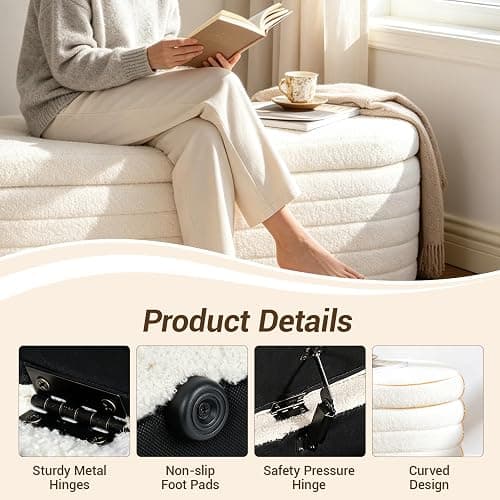 Dolift 45.5-inch Modern Teddy Sherpa Storage Ottoman Bench, Upholstered Fabric Bench for Bedroom End of Bed, Oval White Boucle Storage Ottoman for Living Room, Entryway, Small Apartment thumbnail 3