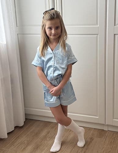 Arshiner Girls Pajamas Silk Satin Pajama Sleepwear Button Down Kids Pj Set | Soft Comfortable Silky Fabric, 2-Piece Pjs, Cute Pajamas for Little & Big Girls, Ideal for Lounging and Sleeping thumbnail 7