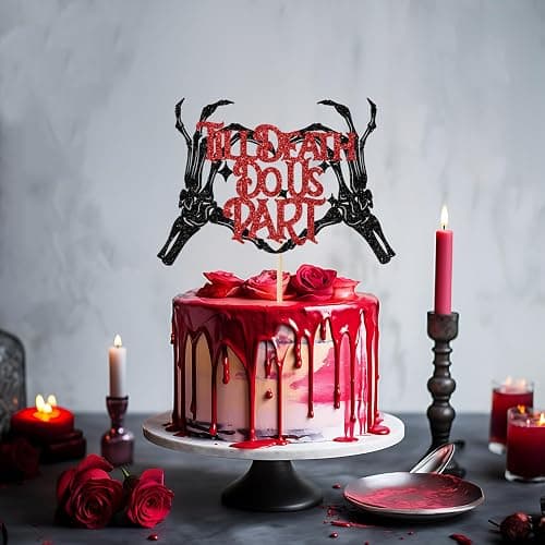 Till Death Do Us Part Cake Topper, Gothic Halloween Wedding Decorations, Bride or Die, Halloween Wedding Engagement Bachelorette Party Decorations, Black and Red Glitter thumbnail 2