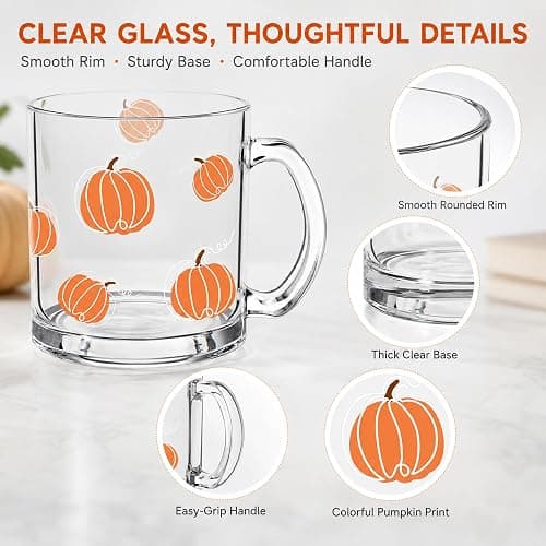 RimCereal 4 Pcs Fall Glass Coffee Mugs, 12oz Pumpkin Mug with Handle | Cute Pumpkin Coffee Cups Thanksgiving Autumn Harvest Fall Glass Cup for Drinking Beverage Tea Milk thumbnail 3