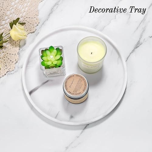 Luxspire Round Vanity Tray, 10.63 Inch Bathroom Vanity Tray Resin Kitchen Sink Tray, Countertop Organizer Tray for Perfume Towel Dresser Jewelry Candle, Coffee Table Decorative Tray, Marble White thumbnail 5