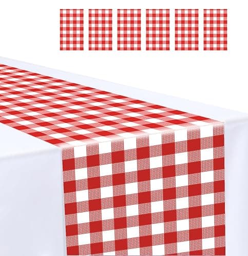 MUNILAIL 6 Pcs Red and White Checkered Table Runner Plastic 14 x 108 Disposable Gingham Table Runner for Birthday Wedding Baby Shower Christmas Party Table Centerpiece Decorations - Image 1