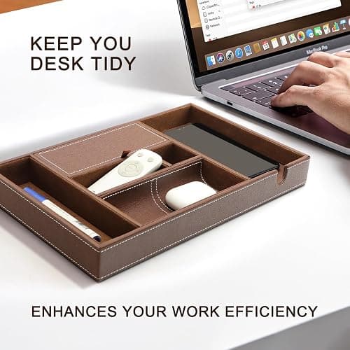 SANZIE Leather Tray with Wireless Charger - Nightstand Organizer for Phone, Wallet, Keys, Sunglasses, Watches, Jewelry, and More (Brown, Large) thumbnail 6