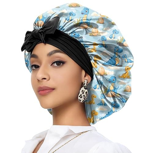 Deokke Satin Hair Braid Bonnet for Sleeping Double Layer Elastic Wide Soft Tie Band Hair Silk Lined Sleep Cap Women Girls - Image 1