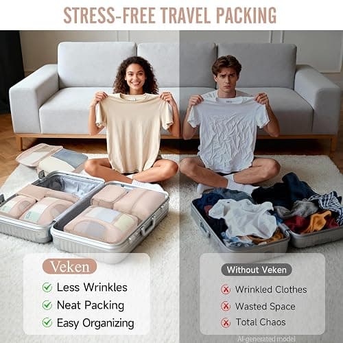Veken 8 Set Packing Cubes for Travel Essentials,Anti-Wrinkle Buckled Suitcase Organizer for Shoe & Toiletry Bag,Carry On Luggage Bag with 99+ Count Mesh Holes for Airplane & College Dorm Accessories thumbnail 8