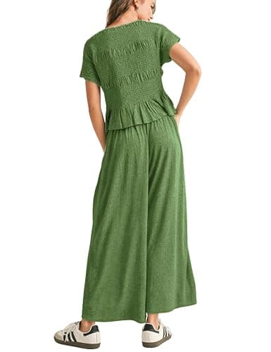 Antnation Womens 2 Piece Smocked Top Wide-Leg Pants Set High-Waisted Lounge Outfit with Pockets Casual Boho Matching Set thumbnail 5