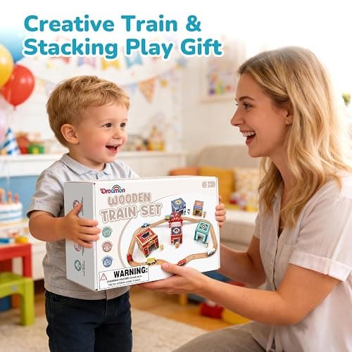 Wooden Train Set for Kids 3-7, Wood Train Tracks Complete Town Railway Playset with Matching Figures, Vehicles, Stacking and Nesting Blocks, Sorting & Stacking Toys Gifts for Boys Girls thumbnail 7
