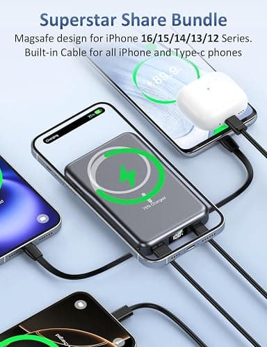 Magnetic Portable Charger 10000mAh, 20W Power Bank with Built in Cable | 20W Fast Charging for Magsafe Battery Pack with LED Display, Travel Essential for iPhone 17/16/15/14/13/12 Pro/Pro Max-Black thumbnail 2