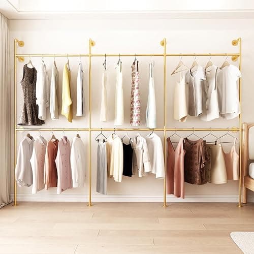 Industrial Pipe Clothing Rack, Heavy Duty Metal Clothes Rack with Double Rods for Hanging Clothes, Wall Mount Space-Saving Garment Display Rack (Three, Gold) thumbnail 3