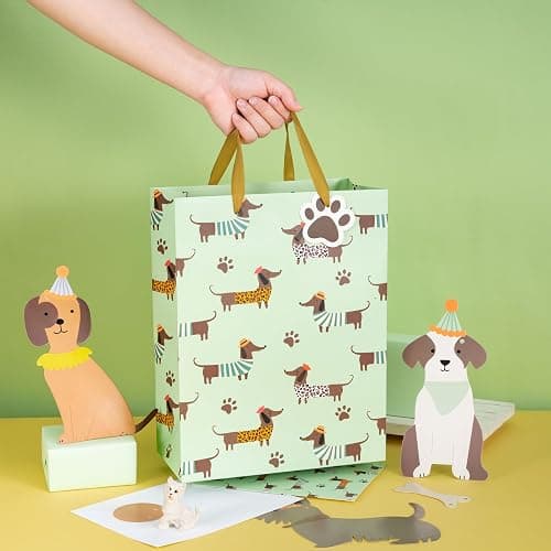 Loveinside Dachshund Gift Bag for Boys Girls, Cut Sausage Dog Dressed-Up Design with Paw Prints, Green Medium Gift Bag with Tissue Paper, Tag, Card for Birthday, Pet Party, 10" x 5" x 13", 1 Pcs thumbnail 5