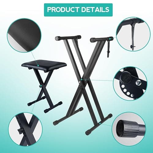 Bazayona Keyboard Stand Piano Bench Set, Double X Adjustable Keyboard Stand Piano Stand with Lockable Straps, (Piano Keyboard Stand x 1, Piano Bench x 1), (7 Adjustable Heights), Black thumbnail 5