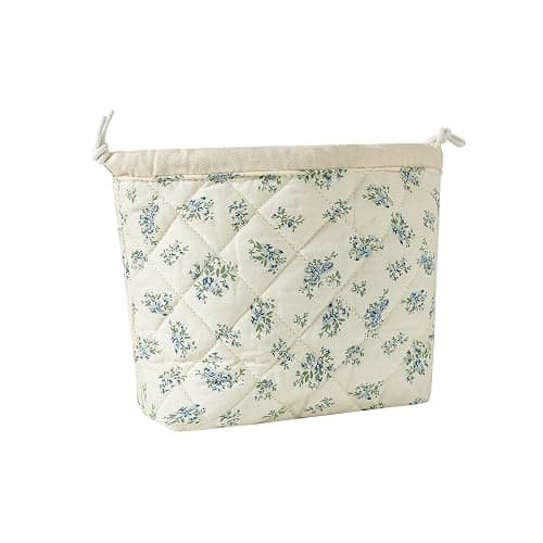 Cotton Quilted Drawstring Makeup Bag with Canvas Lining,Coquette Aesthetic Cute Travel Toiletry Bag,Drawstring Gift Bag for Women and Girls（11Blue Flower） thumbnail 3