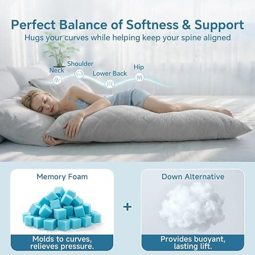 BEDELITE Cooling Body Pillow for Adults, Creative Ultra Soft Cool-Touch Quilted Nylon-Spandex Body Pillow Cover, Adjustable Memory Foam Long Pillow for Side Sleepers, Pregnancy & Back Pain(Light Grey) thumbnail 4