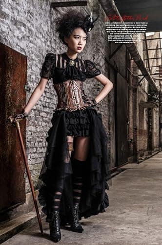 HaoLin Steampunk Retro Victorian Punk Cincher Lace up Long Ruffle Mini Skirt Black thumbnail 7