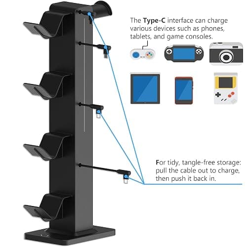 KAFRI RGB Gaming Headphone Stand with Controller Holder, Desk Organizer with Retractable Charger Cable, 2 AC Outlets & 4 Type-C Charging Ports, PC Gaming Accessories for Headset & Controller (Black) thumbnail 4