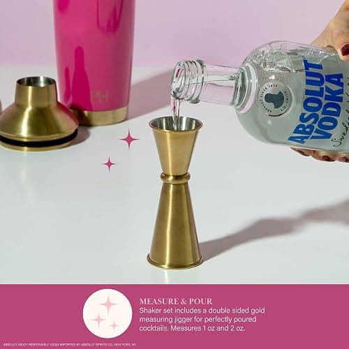 Paris Hilton 2-Piece Cocktail Shaker Set, Double Wall Insulated Stainless Steel Mixer with Built-In Strainer and Double-Sided Jigger, 20-Ounce, Gold and Hot Pink thumbnail 6
