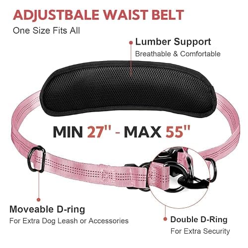 Yicostar Hands Free Dog Leash, Adjustable Waist Belt with Double Padded Handles No Pull,Pink thumbnail 2