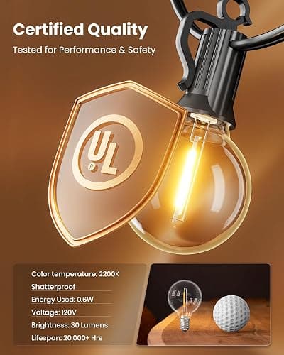 Brightown Outdoor String Lights 29 Feet G40 LED Patio Lights, Plug-in, 13 Plastic Edison Bulbs(1 Spare), Waterproof Connectable Hanging Light for Backyard Porch Balcony Party Decor, E12 Base, Black thumbnail 5