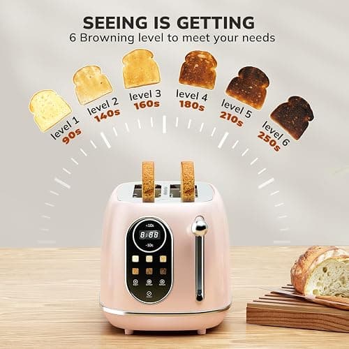 Keenstone Smart Touch Screen Toaster 2 Slice, Retro Wide Slot Stainless Steel Toaster with 6 Browning Levels, Reheat & Defrost, for Bagel, Toast, Bread, Removable Crumb Tray, Pink thumbnail 7