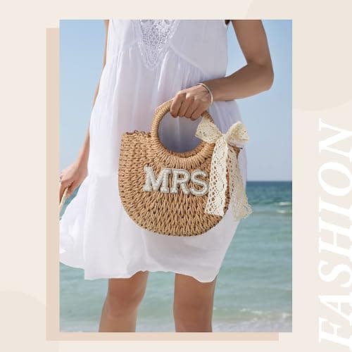 Pinkunn Bride Gift Bride Straw Purse Mrs Handwoven Bag Rhinestone Letter Bag Bachelorette Honeymoon Wedding Bridal Shower thumbnail 2