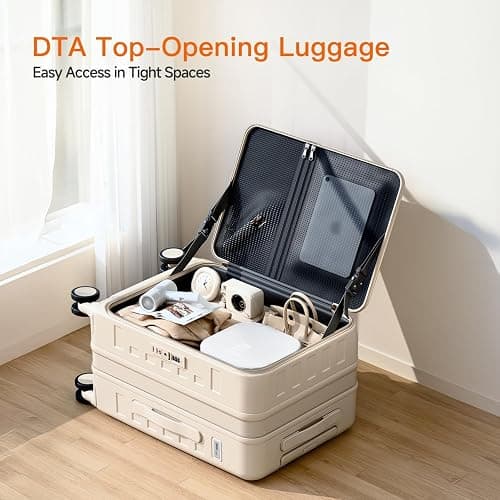 DTA Nova Top Opening Expandable Lightweight PC Hard Shell Suitcase, 20 Inch Carry On Luggage with TSA Lock, 360 Silent Spinner Wheels, Cup Holder, Ideal for Business Travel Suitcase (Beige) thumbnail 2