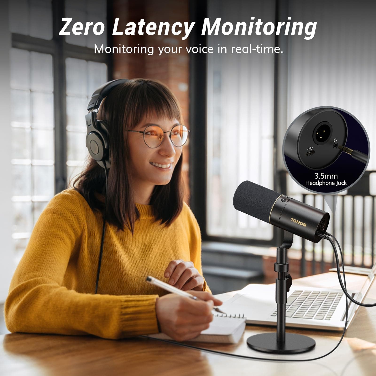 TONOR USB/XLR Microfoon, Dynamic Studio PC Mic van Broadcast-kwaliteit met Bureaustandaard voor Podcasting Opname Gaming Muziek Streaming Zingen Voice-Over Ruisonderdrukking, met 3,5 mm Jack, TD520 thumbnail 6