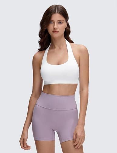 CRZ YOGA Butterluxe Halter Sports Bras for Women - Scoop Neck Padded Open Back Yoga Crop Gym Tops Low Impact thumbnail 2