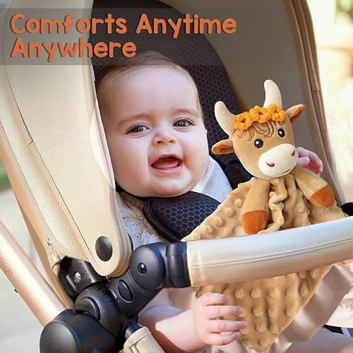 MOVEPAI Baby Security Blanket, Soft Baby Lovey Toy Blanket for Girls, Snuggle Toy Lovie Newborn Blankie, for Girl Highland Cow 16 Inch thumbnail 6