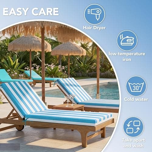 L'AGRATY Outdoor Lounge Chaise Cushion: 72x21x3 Inch Waterproof Lounge Chair Cushion for Outdoor Furniture with Fade Resistant Removable Cover - Patio Cushions for Pool Lawn Deck(Blue White 2Pcs) thumbnail 7
