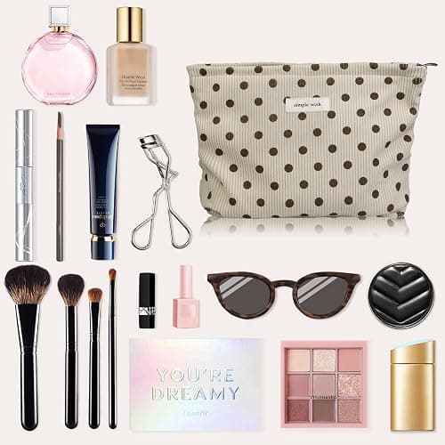 Wudygirl Makeup Bag Makeup Pouch for Women Corduroy Cosmetic Bag Portable Travel Toiletry Bag Large Capacity Make up Organizer with Zipper（Beige Polka Dot） thumbnail 6