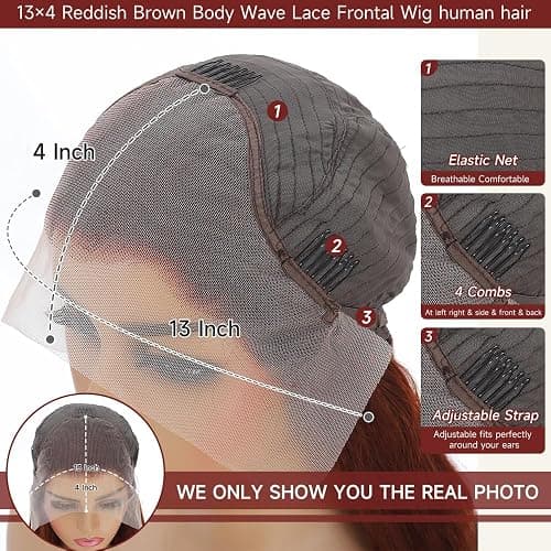 KEKEYY 28 Inch Reddish Brown Lace Front Wigs Human Hair Pre Plucked 200% Density Body Wave Lace Frontal Wig Human Hair 13x4 HD Lace Brown Wig thumbnail 4