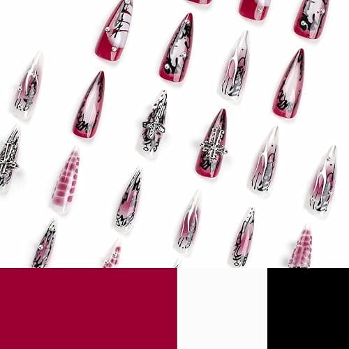 MISUD Press on Nails - Long Stiletto Glue on Nails with Goth Red Black, Acrylic Gothic Corss Design 24 pcs thumbnail 5