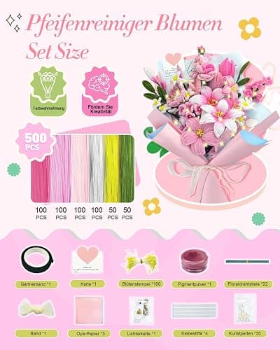Pfeifenreiniger Blumen Set, 500 Stück Pfeifenputzer zum Basteln Blumen, Kinder Basteln Geschenk Mädchen 6 7 8 9 10 12+ Jahr und Erwachsene, zum Geburtstag Weihnachtsdeko thumbnail 2