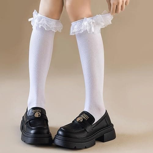 AMHRLINGTO Women's Lace Ruffle Frilly Ankle Socks - Girl Cotton Knee High Socks with Bow Lace Ruffle Trim thumbnail 5