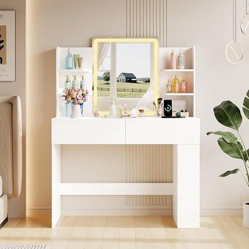 YESHOMY Vanity Desk with Mirror and Lights,35.4" Makeup Vanity with 2 Storgae Drawers, 2 Side Shelves and Open Storage Shelves, 3 Color Modes, for Bedroom, Pure White thumbnail 3