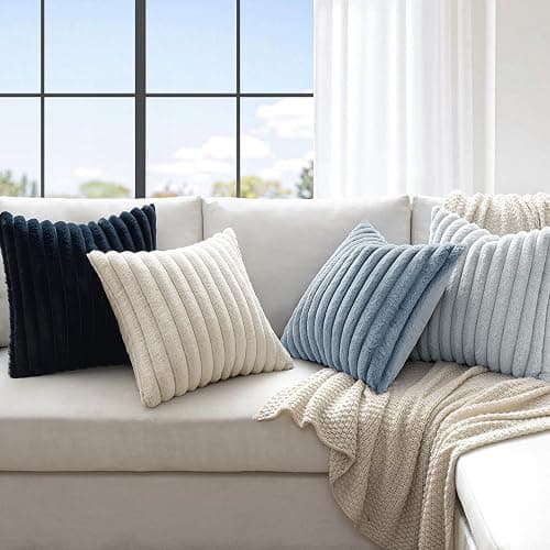 MIULEE Faux Fur Plush Decorative Throw Pillow Covers 18x18 Set of 4, Summer Modern Soft Fuzzy Coastal Striped Cushion Covers for Sofa Couch Bed Living Room Cozy Home Decor,Navy Blue thumbnail 2