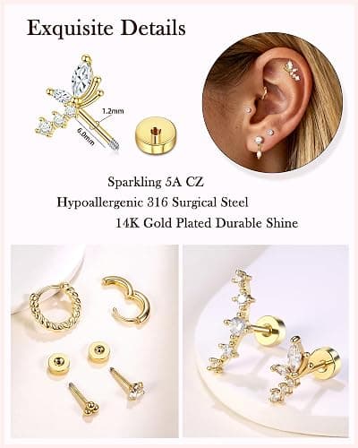 Gemtastic Tragus Helix Conch Piercing Jewelry Flat Back Cartilage Earrings for Women Daith Rook Piercings thumbnail 3